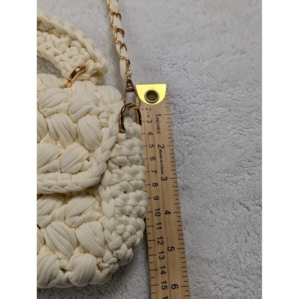 Ivory Chunky Knit Crossbody Bag Gold Chain Strap Mini Top Handle Boho